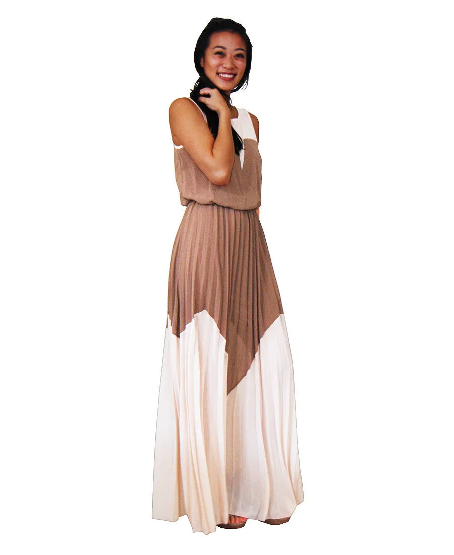 Two Tone Chevron Sleeveless Ruffle Maxi Dress Mocha Taupe