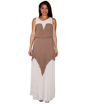 Two Tone Chevron Sleeveless Ruffle Maxi Dress Mocha Taupe