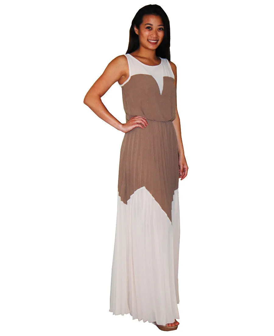 Two Tone Chevron Sleeveless Ruffle Maxi Dress Mocha Taupe