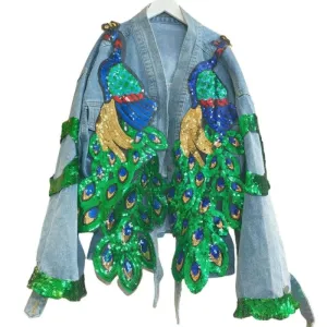 V-neck 3d Peacock Sequined Embroidered Denim Jacket for Women