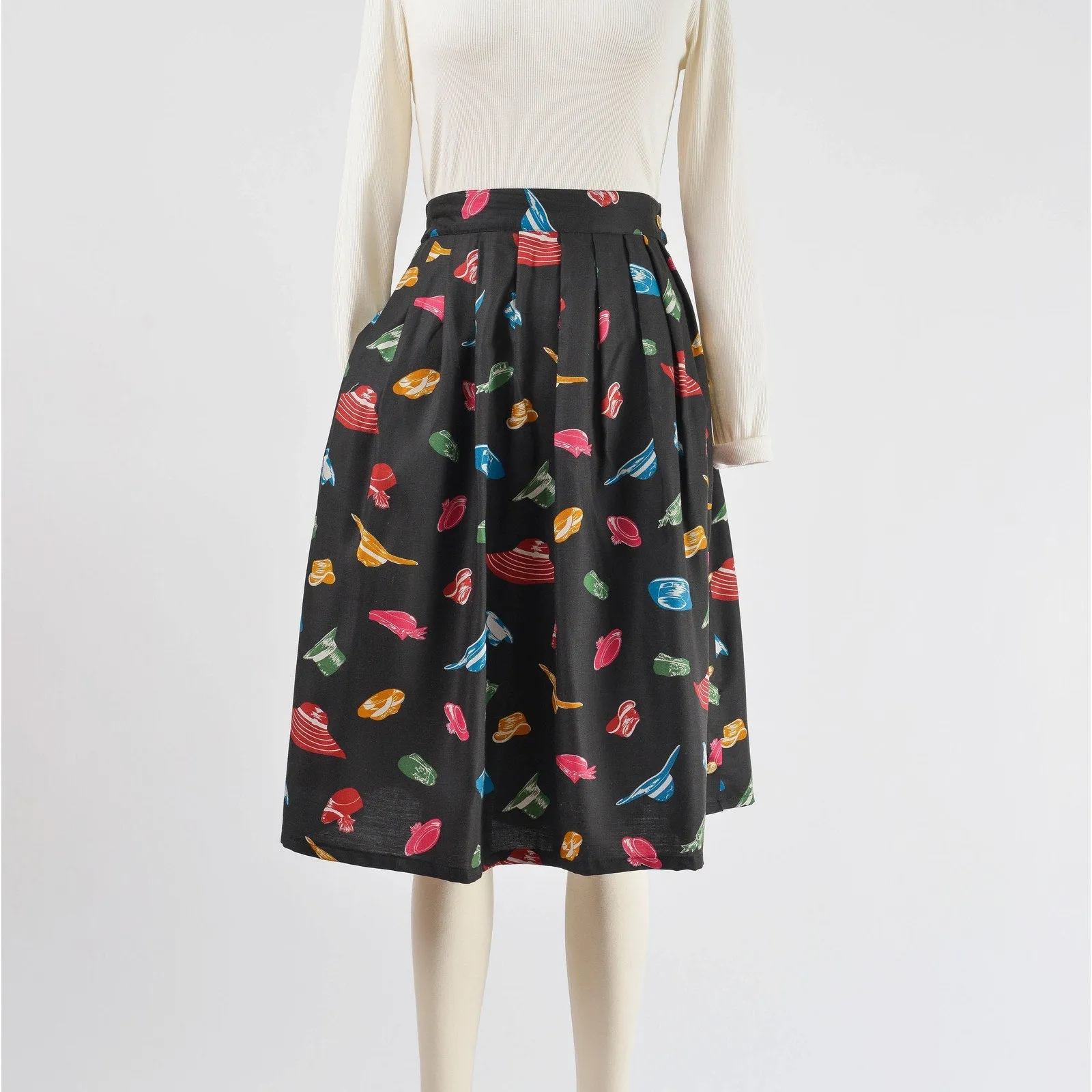 Vintage 80s Black Hat Novelty Print Full Flowy Pleated Midi Skirt Pockets size M L