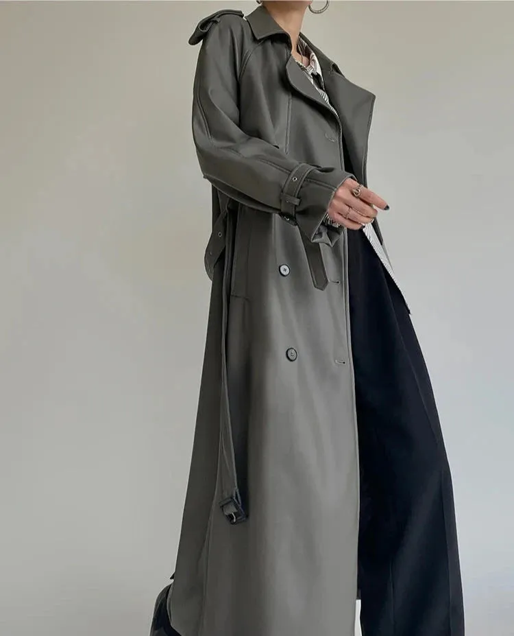 Women's Belted Faux Leather Trench Coat