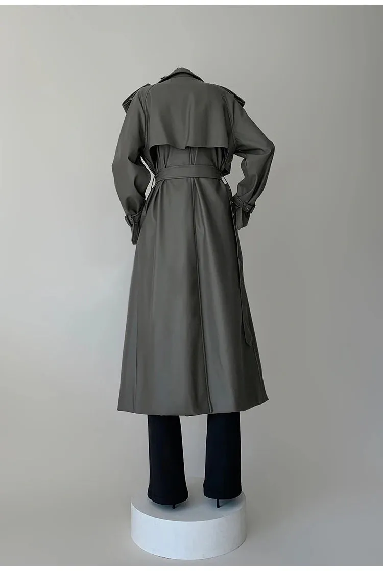 Women's Belted Faux Leather Trench Coat