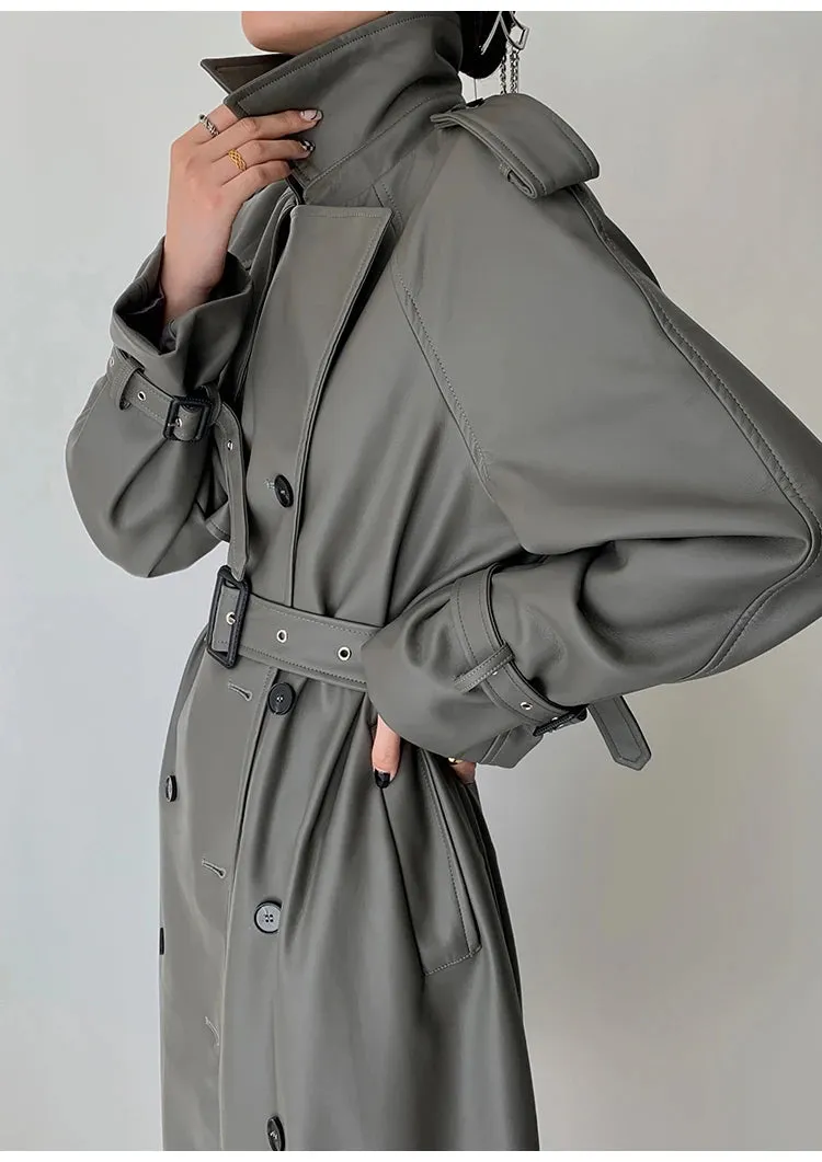 Women's Belted Faux Leather Trench Coat