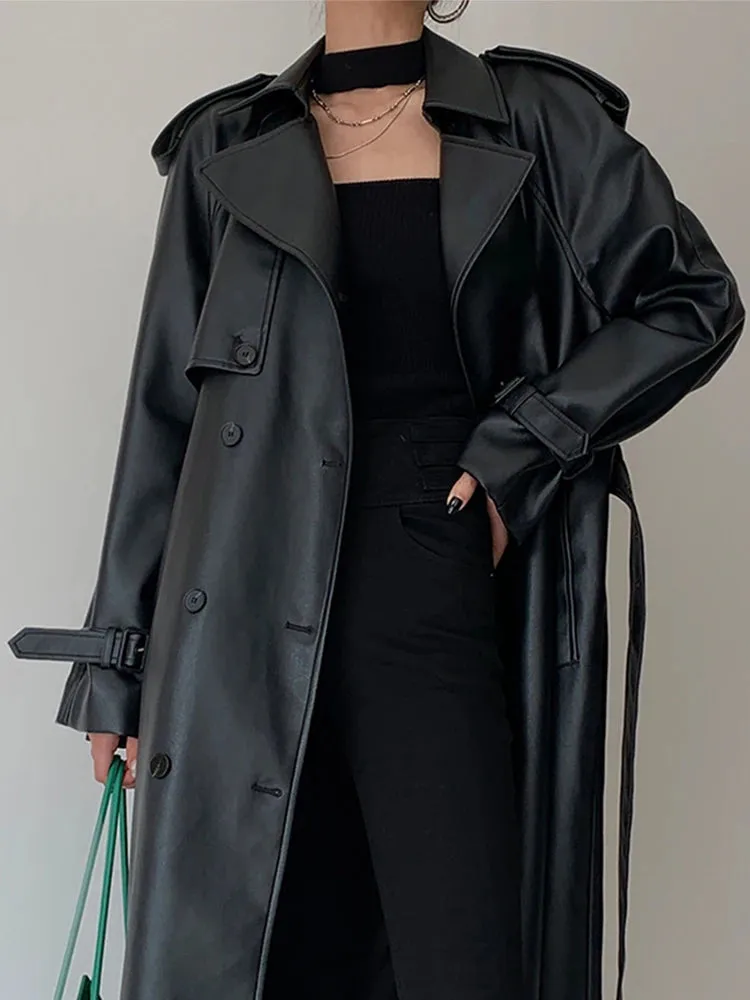 Women's Belted Faux Leather Trench Coat