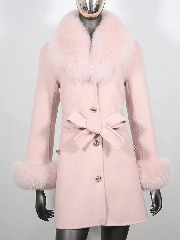 Women's Cashmere Wool Coat with Fox Fur Collar