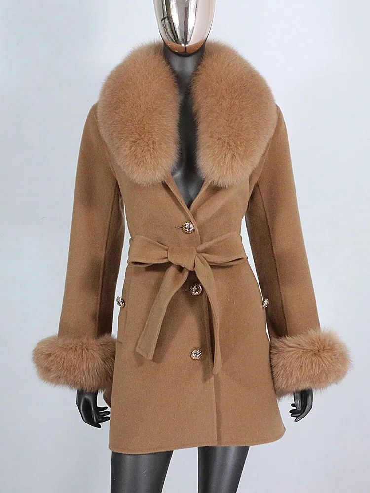 Women's Cashmere Wool Coat with Fox Fur Collar