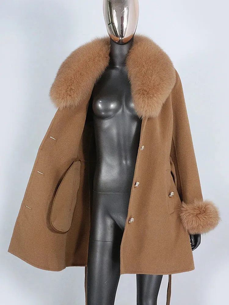 Women's Cashmere Wool Coat with Fox Fur Collar