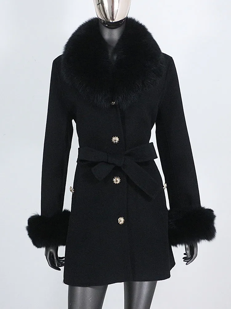 Women's Cashmere Wool Coat with Fox Fur Collar