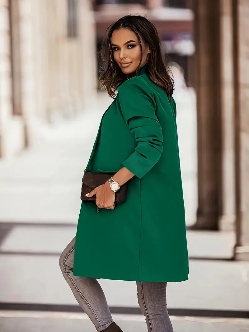 Women's Elegant Green Plain Trench Coat with Open Front | Ideal for Autumn/Winter