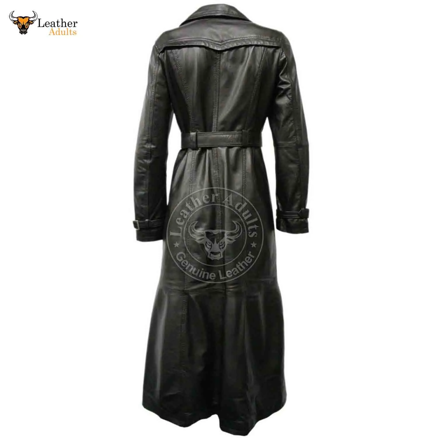 Womens Ladies Real Lambskin Leather Long Black Leather Gothic Trench Coat Dress Gown Suit